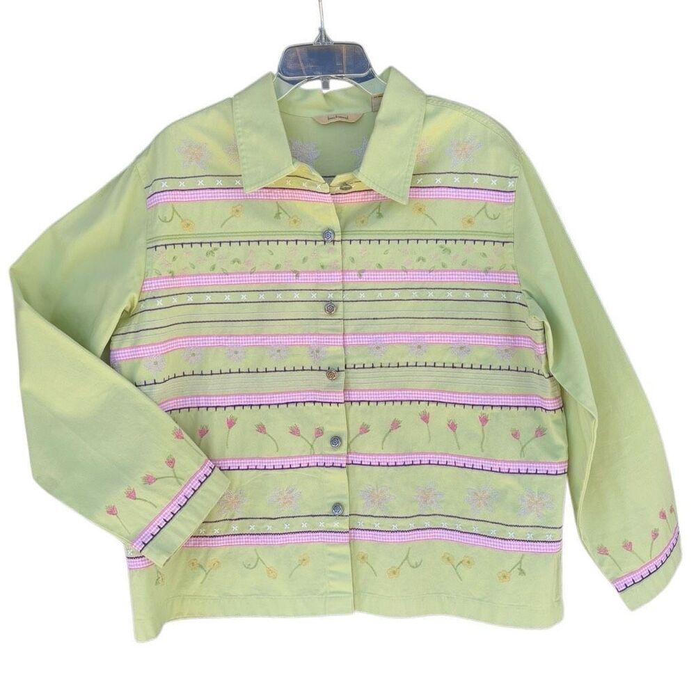 Bechamel Embroidered Women’s Large Denim Jacket Long Sleeve Floral Green Buttons